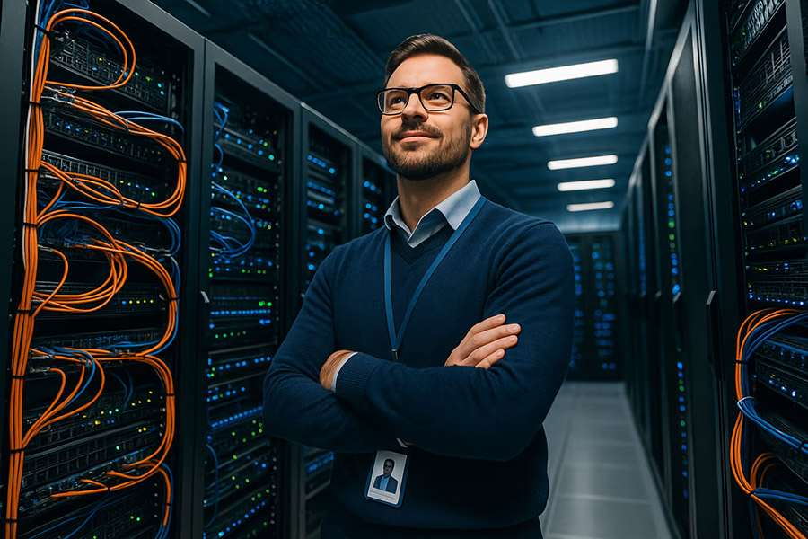 it manager smiling after work completed