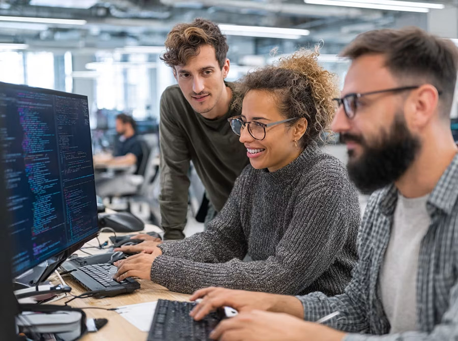 team looking a screen during presentation