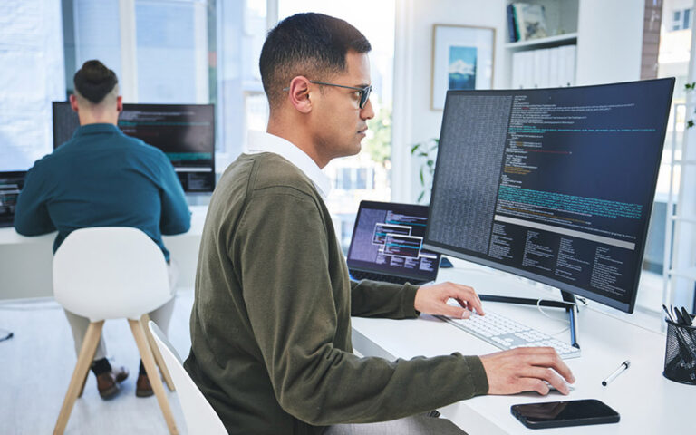 team at the office working on content